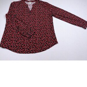 Anne Klein Womens Large Red Black Floral Tulip Print Split V-Neck Blouse Top